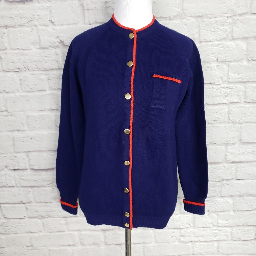 Vintage Navy Blue Red Trim High Neck Cardigan Gold Button Orlon Acrylic Fits a S